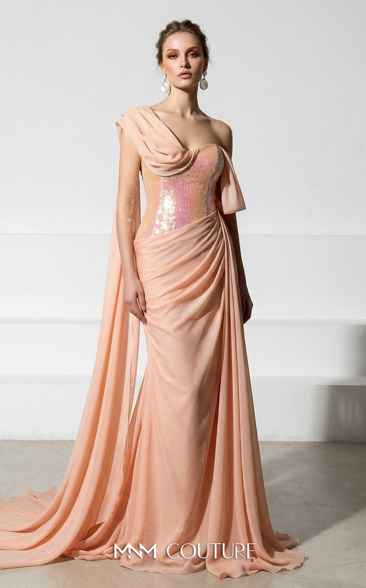 MNM Couture F03017 Red Metallic Corset One Shoulder Neckline Chiffon Cape Evening Gown