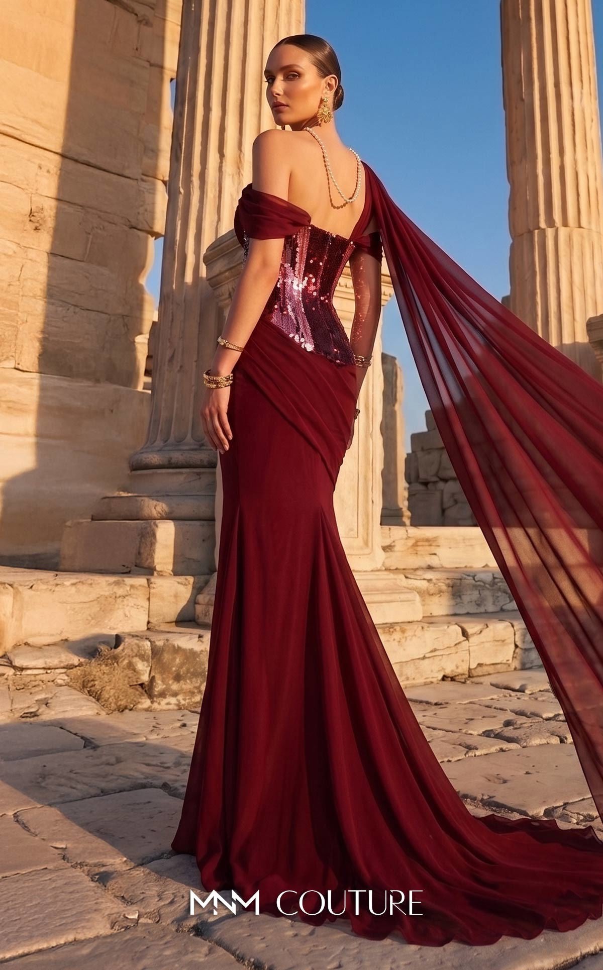 MNM Couture F03017 Red Metallic Corset One Shoulder Neckline Chiffon Cape Evening Gown