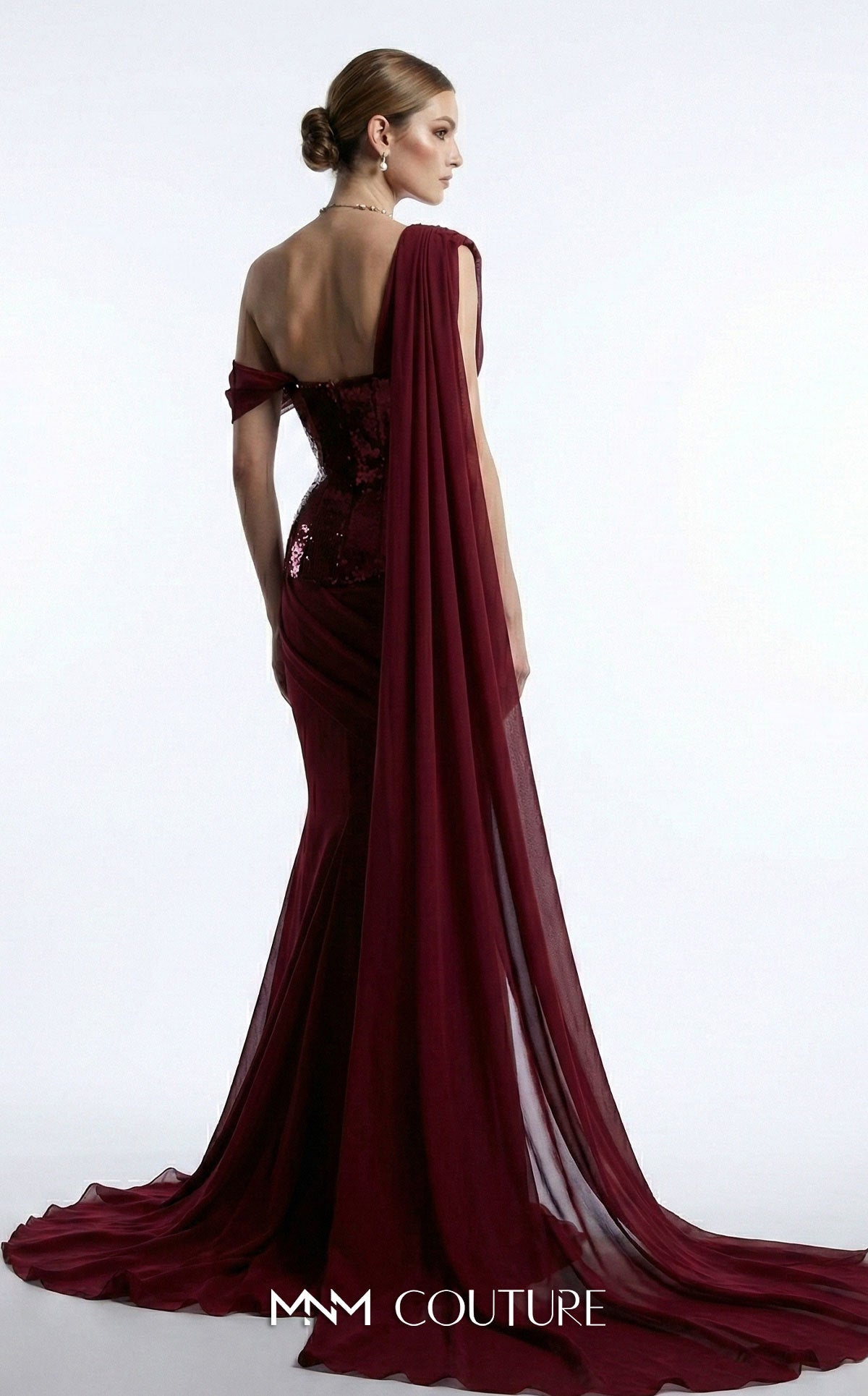 MNM Couture F03017 Red Metallic Corset One Shoulder Neckline Chiffon Cape Evening Gown