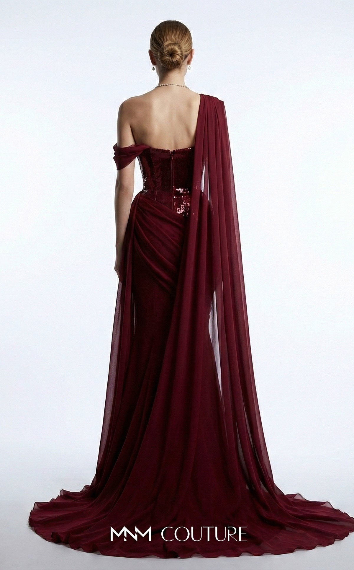 MNM Couture F03017 Red Metallic Corset One Shoulder Neckline Chiffon Cape Evening Gown