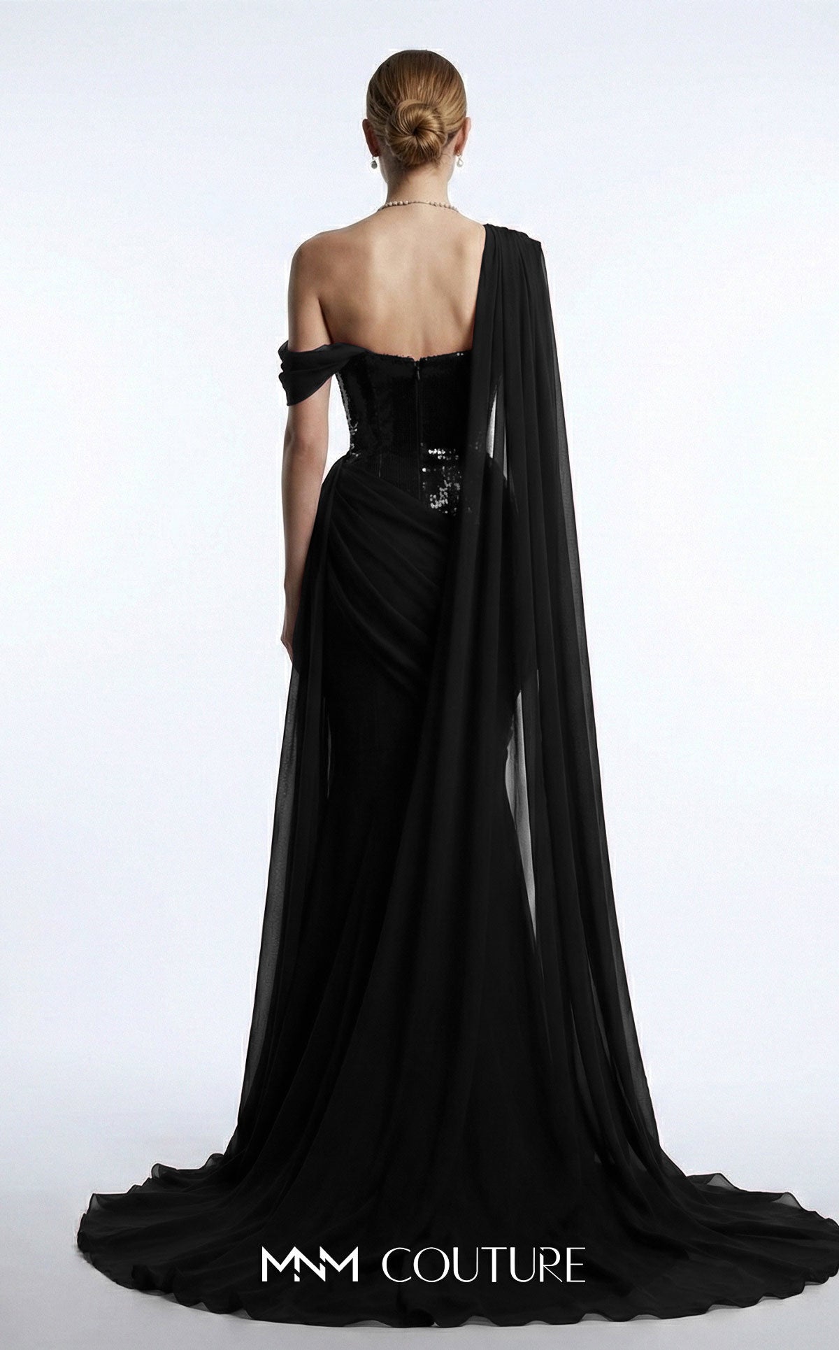 MNM Couture F03017 Red Metallic Corset One Shoulder Neckline Chiffon Cape Evening Gown