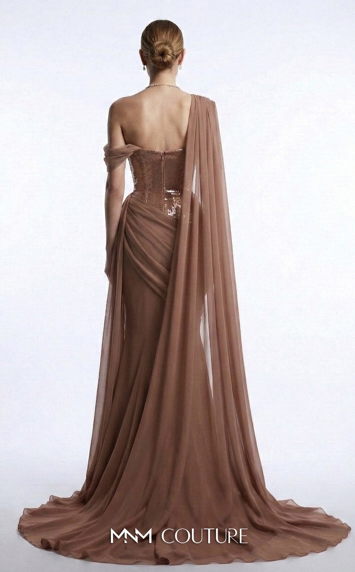 MNM Couture F03017 Red Metallic Corset One Shoulder Neckline Chiffon Cape Evening Gown