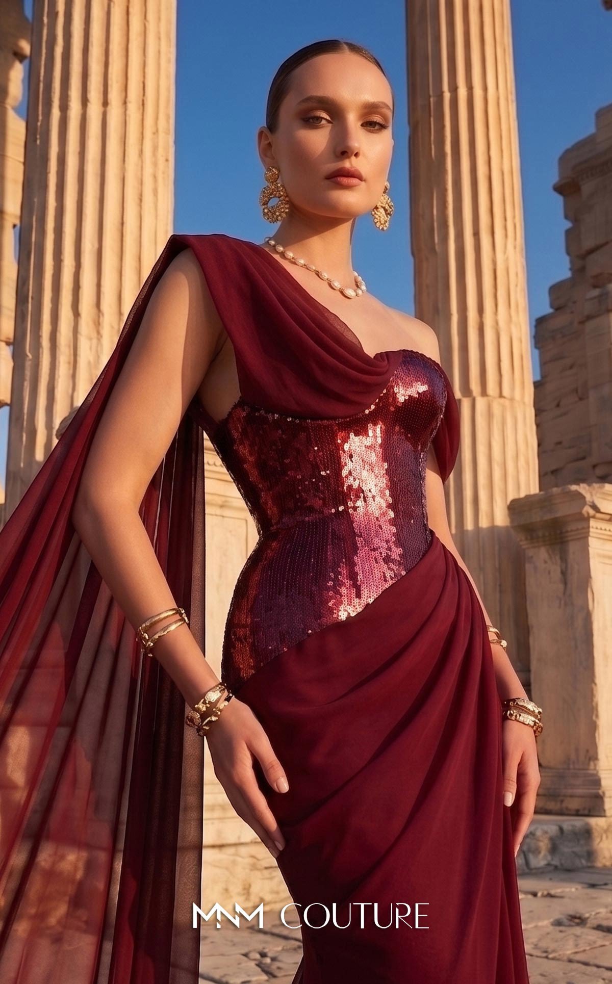 MNM Couture F03017 Red Metallic Corset One Shoulder Neckline Chiffon Cape Evening Gown