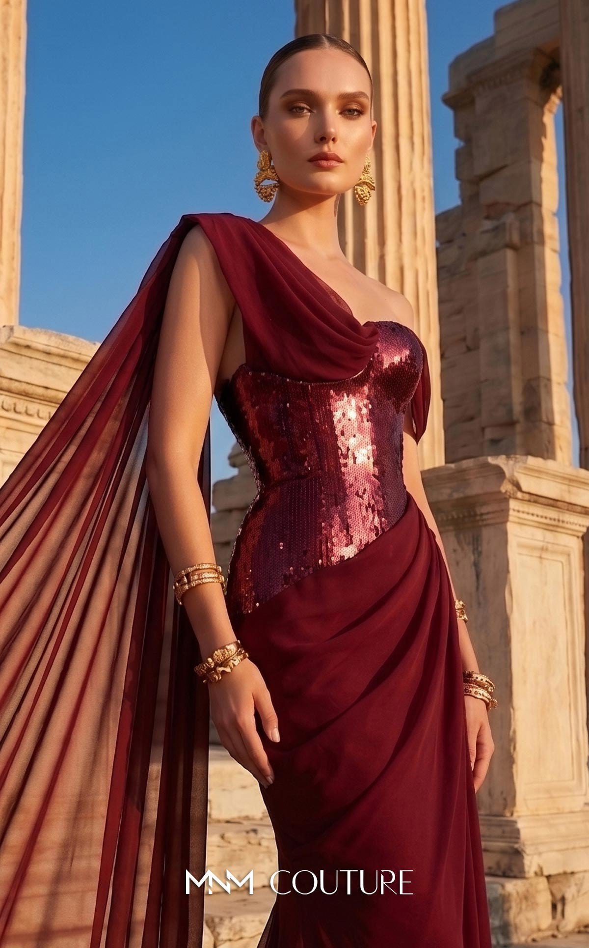 MNM Couture F03017 Red Metallic Corset One Shoulder Neckline Chiffon Cape Evening Gown