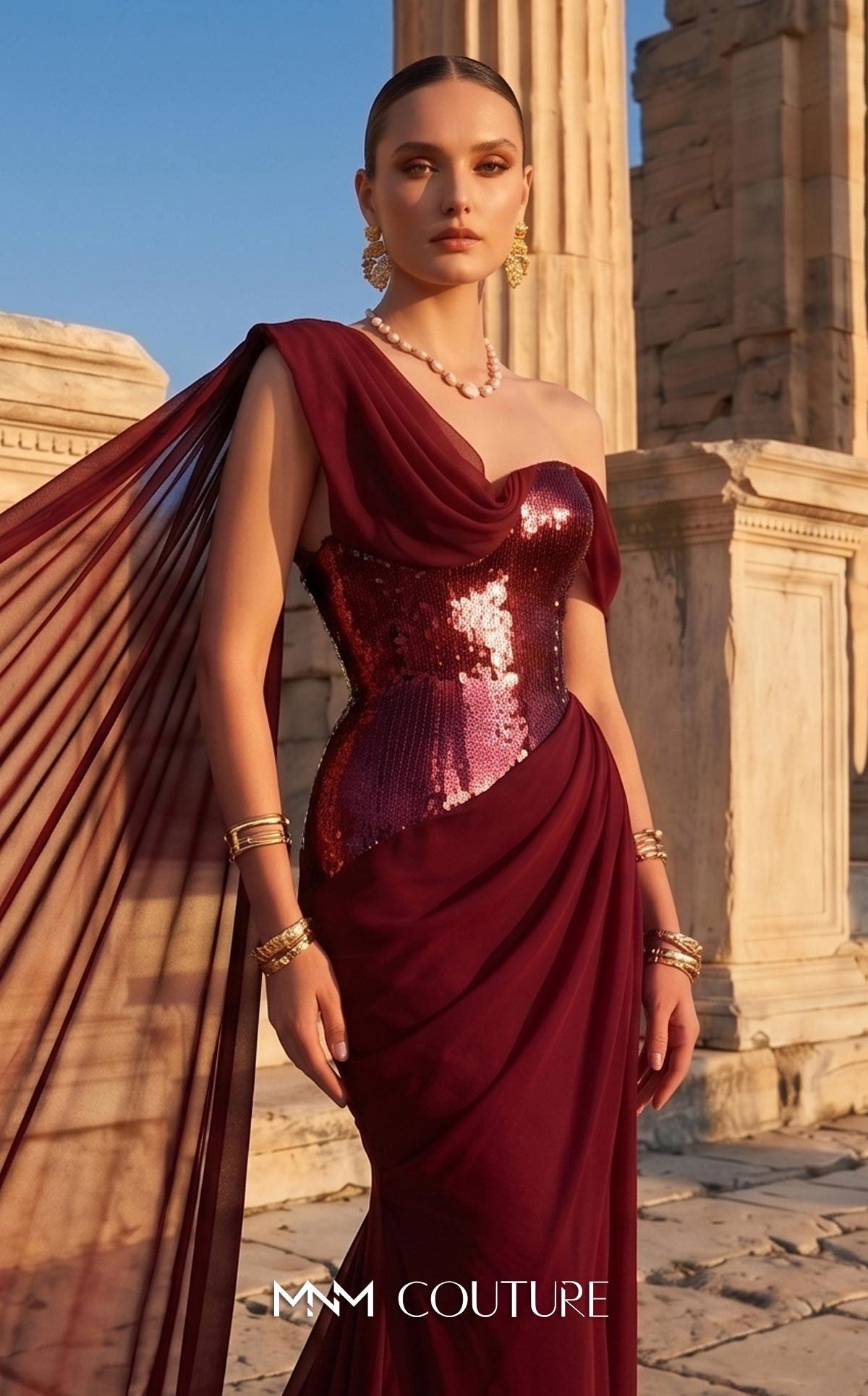 MNM Couture F03017 Red Metallic Corset One Shoulder Neckline Chiffon Cape Evening Gown
