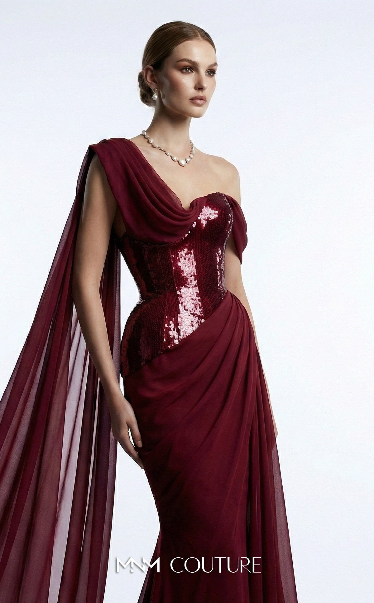 MNM Couture F03017 Red Metallic Corset One Shoulder Neckline Chiffon Cape Evening Gown