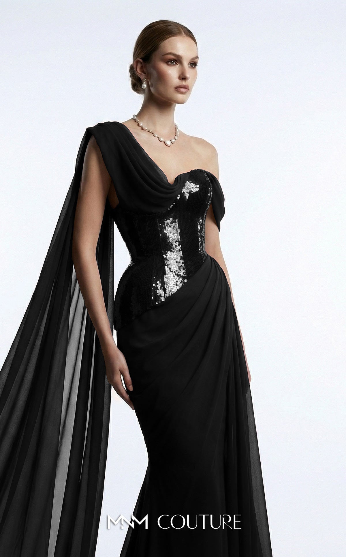 MNM Couture F03017 Red Metallic Corset One Shoulder Neckline Chiffon Cape Evening Gown