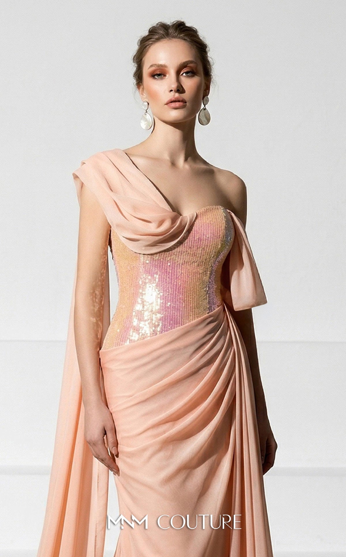MNM Couture F03017 Red Metallic Corset One Shoulder Neckline Chiffon Cape Evening Gown