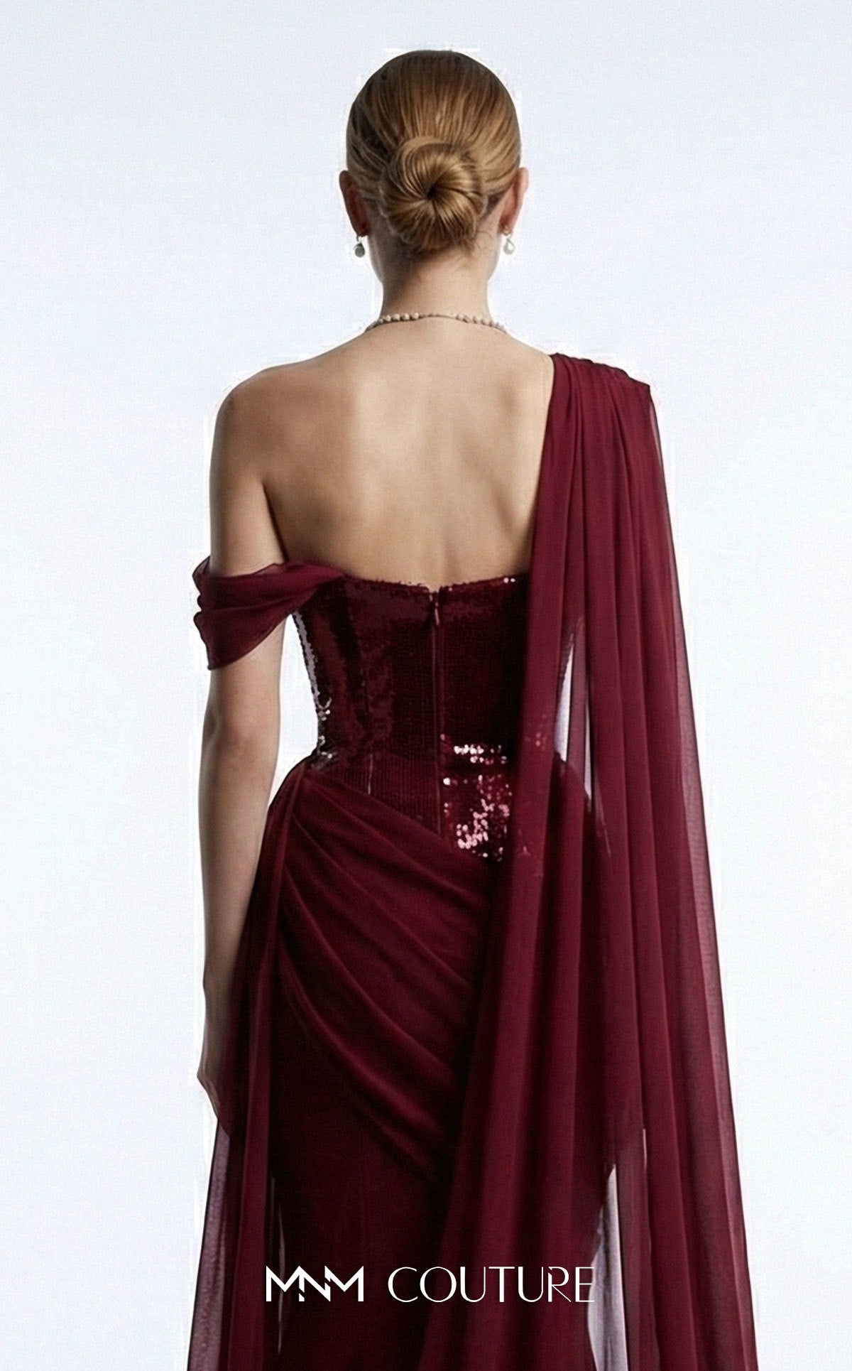 MNM Couture F03017 Red Metallic Corset One Shoulder Neckline Chiffon Cape Evening Gown
