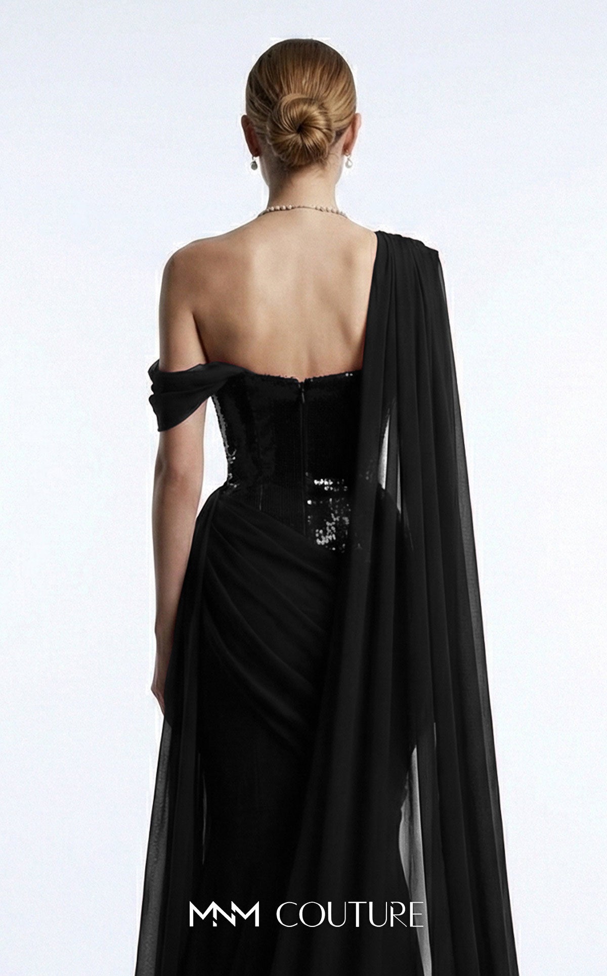 MNM Couture F03017 Red Metallic Corset One Shoulder Neckline Chiffon Cape Evening Gown