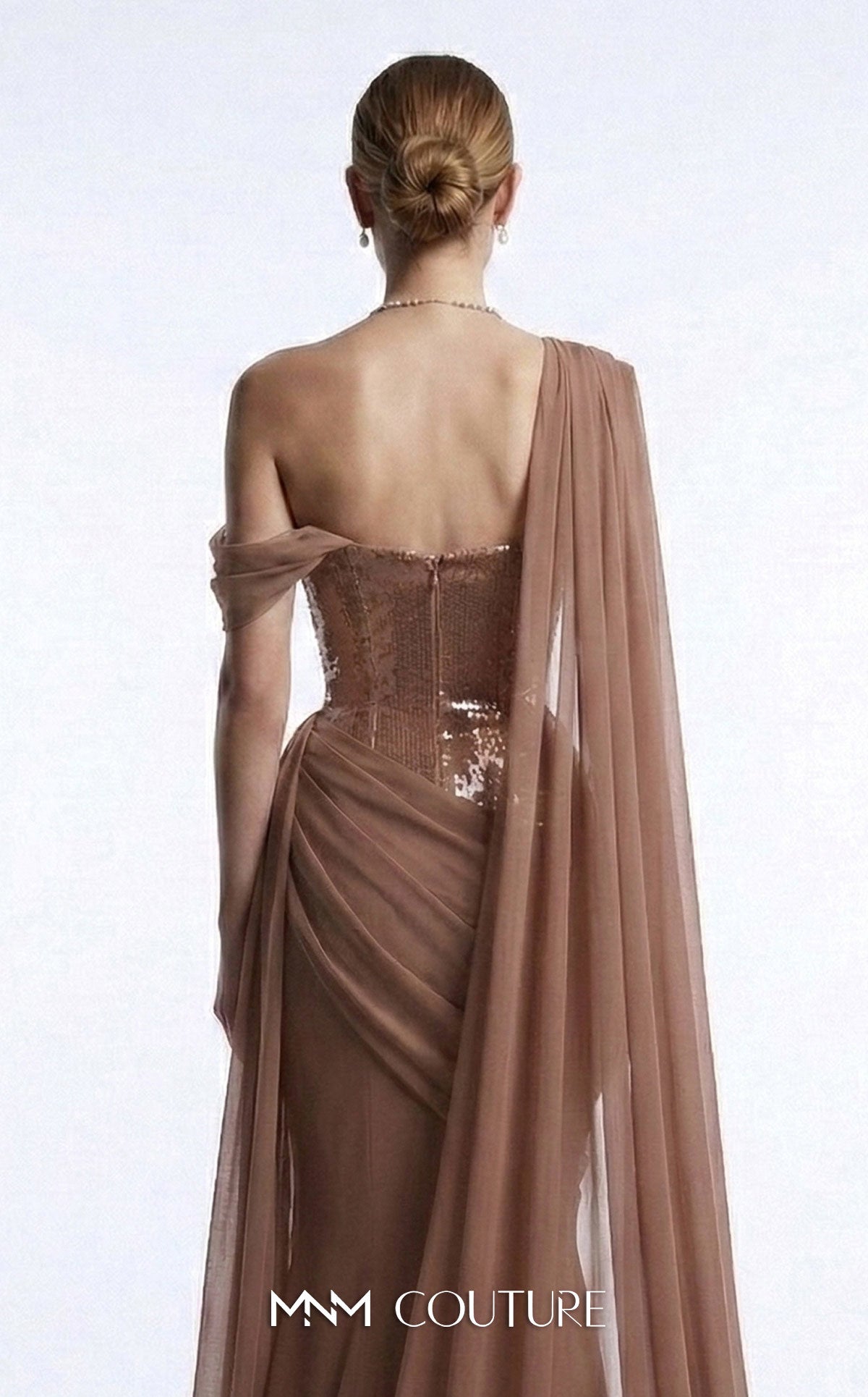 MNM Couture F03017 Red Metallic Corset One Shoulder Neckline Chiffon Cape Evening Gown