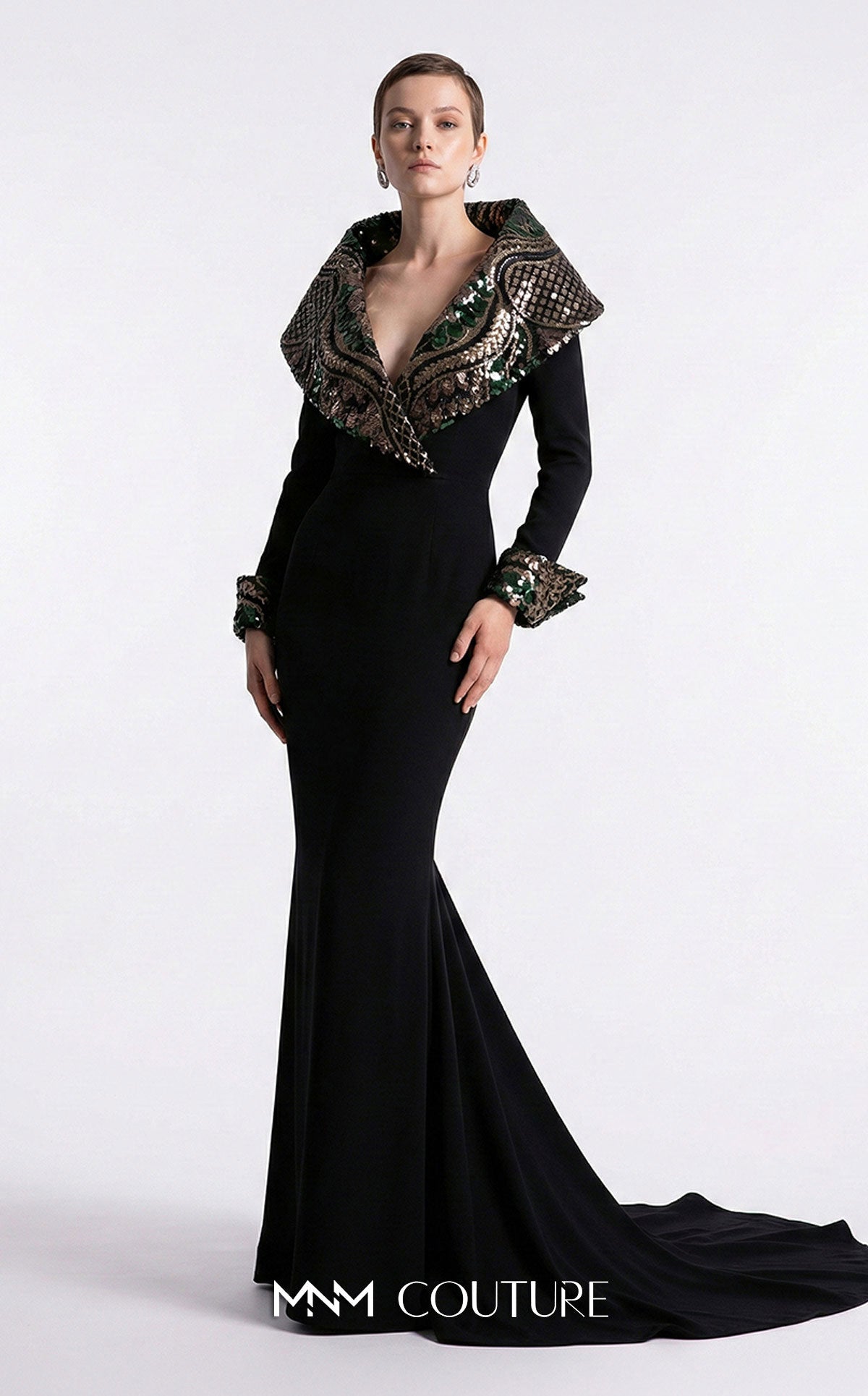 MNM Couture F03019 Black Collar V-Neckline Long Sleeve Evening Dress