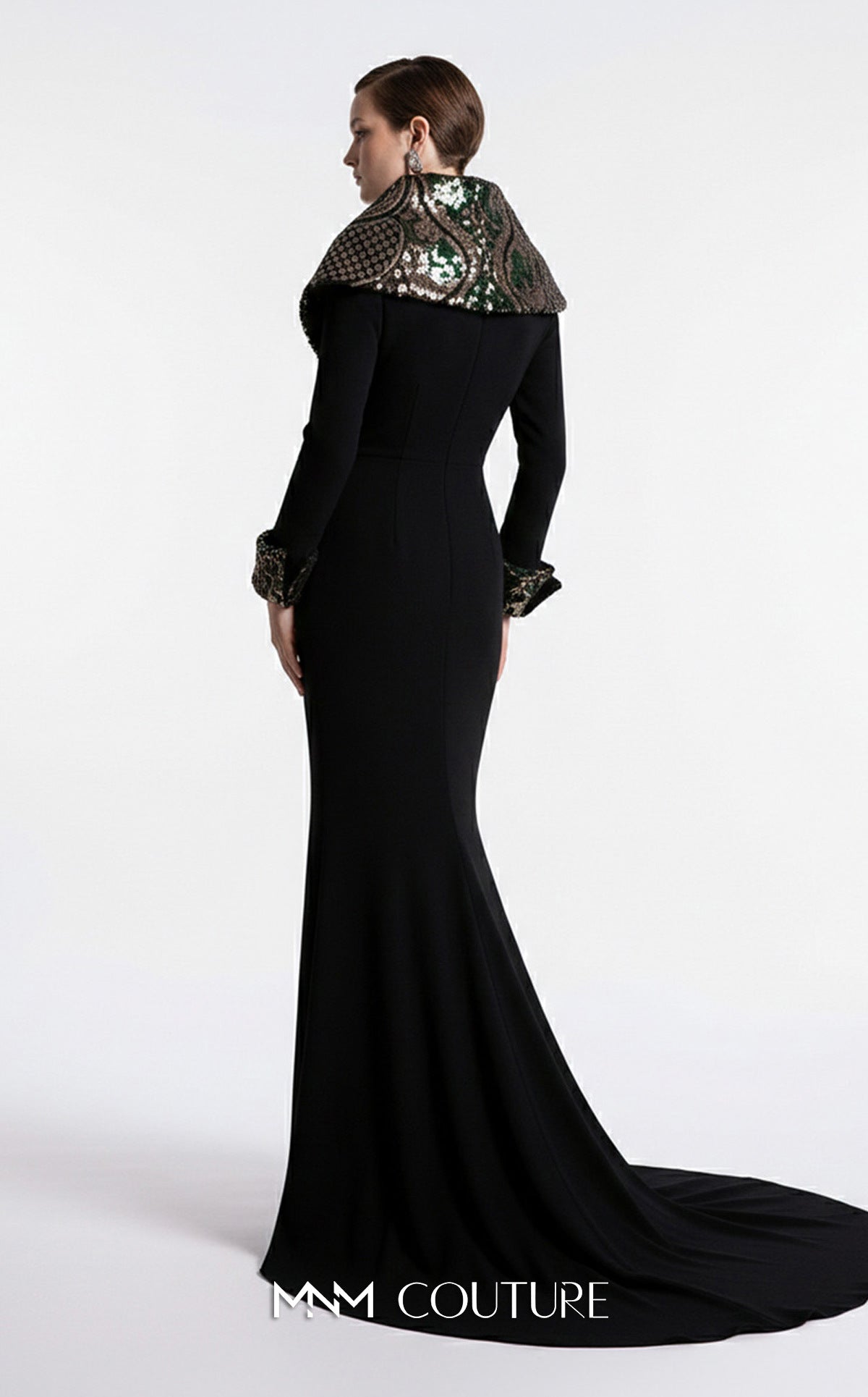 MNM Couture F03019 Black Collar V-Neckline Long Sleeve Evening Dress