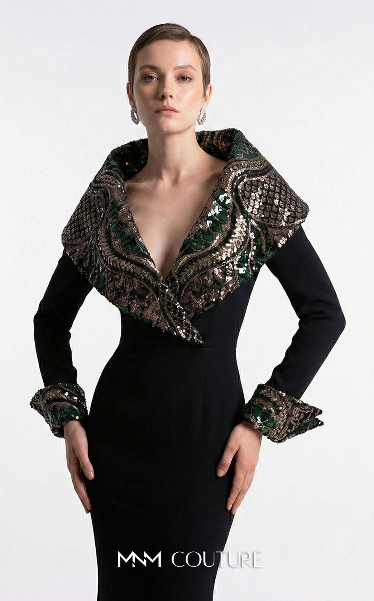 MNM Couture F03019 Black Collar V-Neckline Long Sleeve Evening Dress