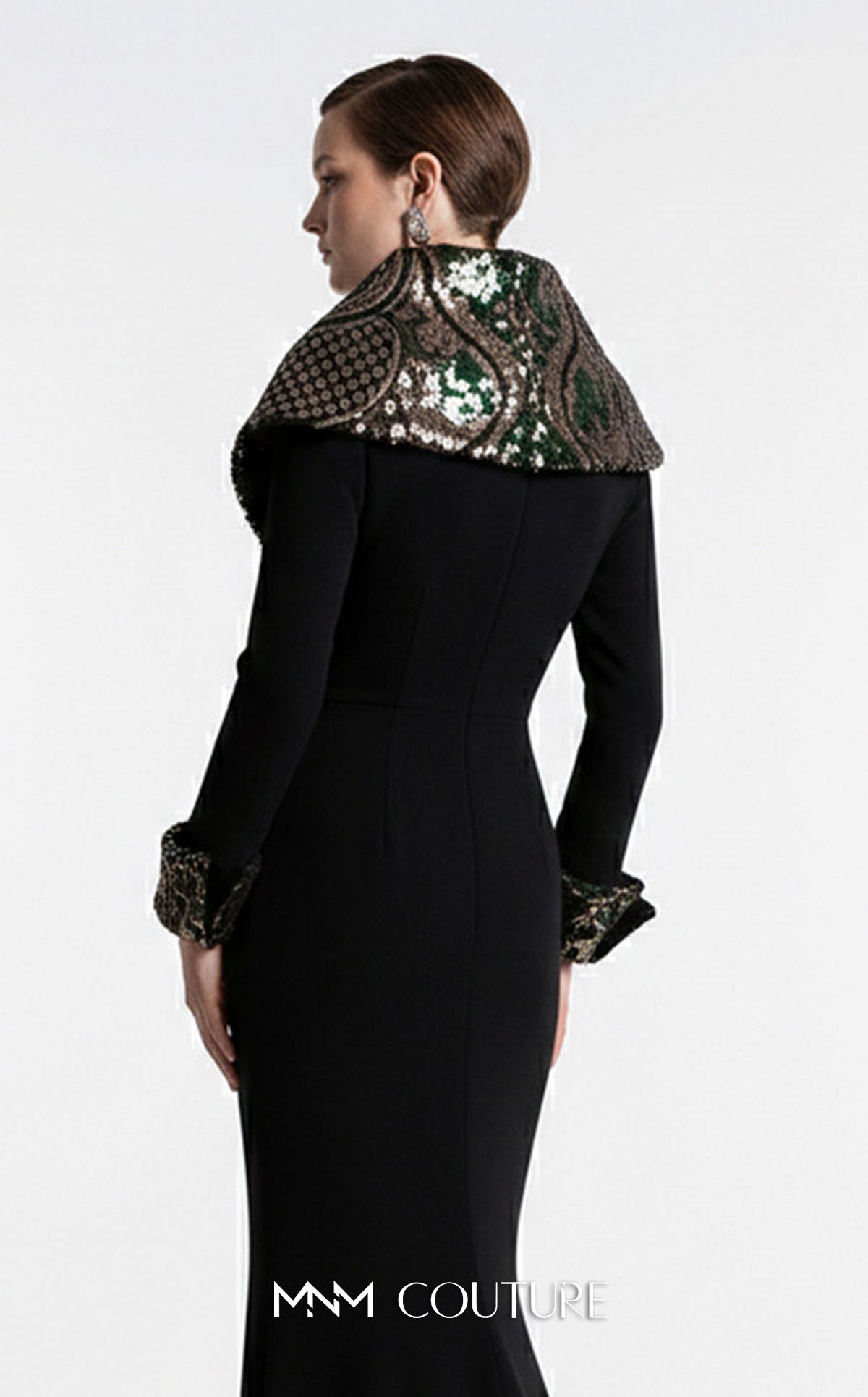 MNM Couture F03019 Black Collar V-Neckline Long Sleeve Evening Dress