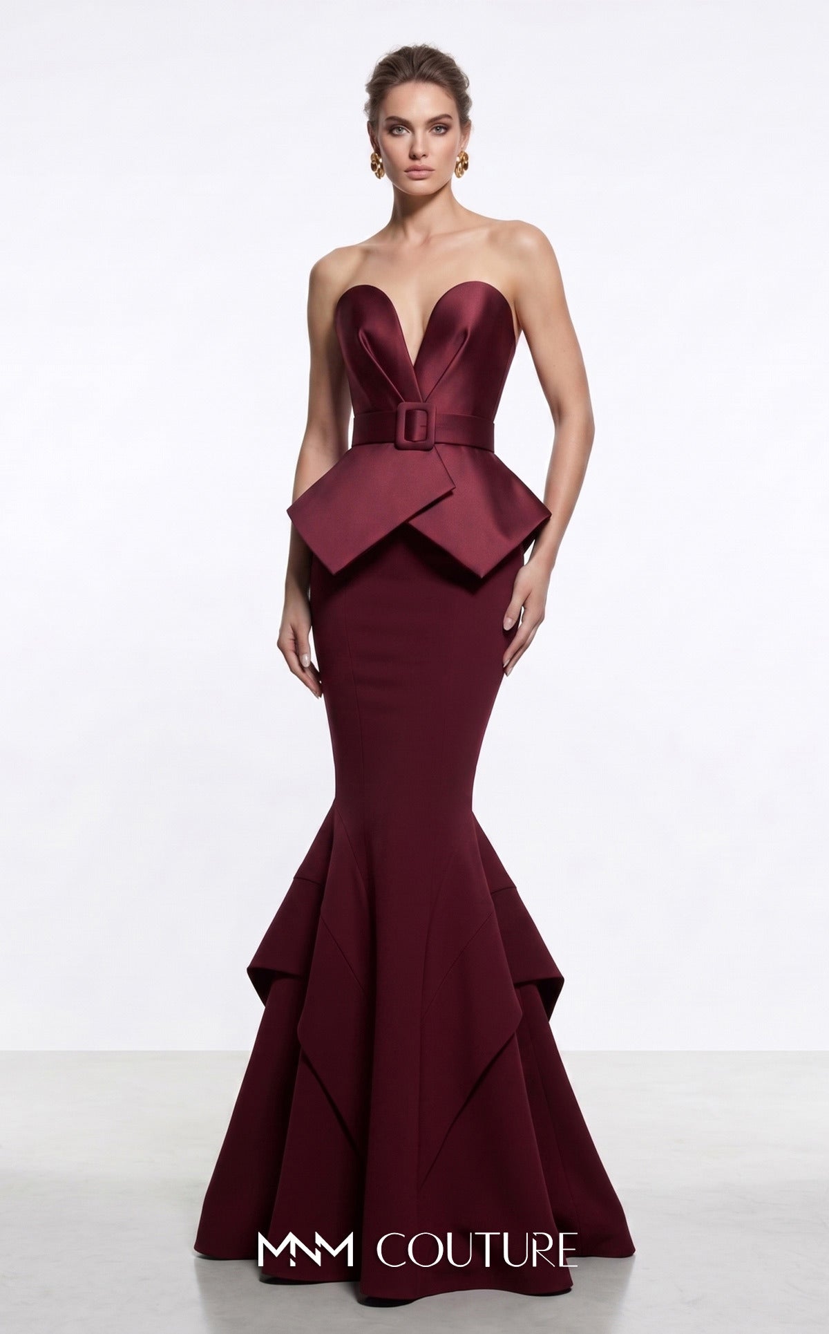 MNM Couture F03035A Dark Red Strapless Peplum Mermaid Gown with Fabric Belt