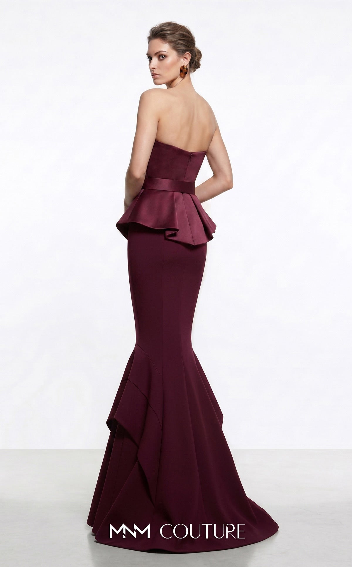 MNM Couture F03035A Dark Red Strapless Peplum Mermaid Gown with Fabric Belt