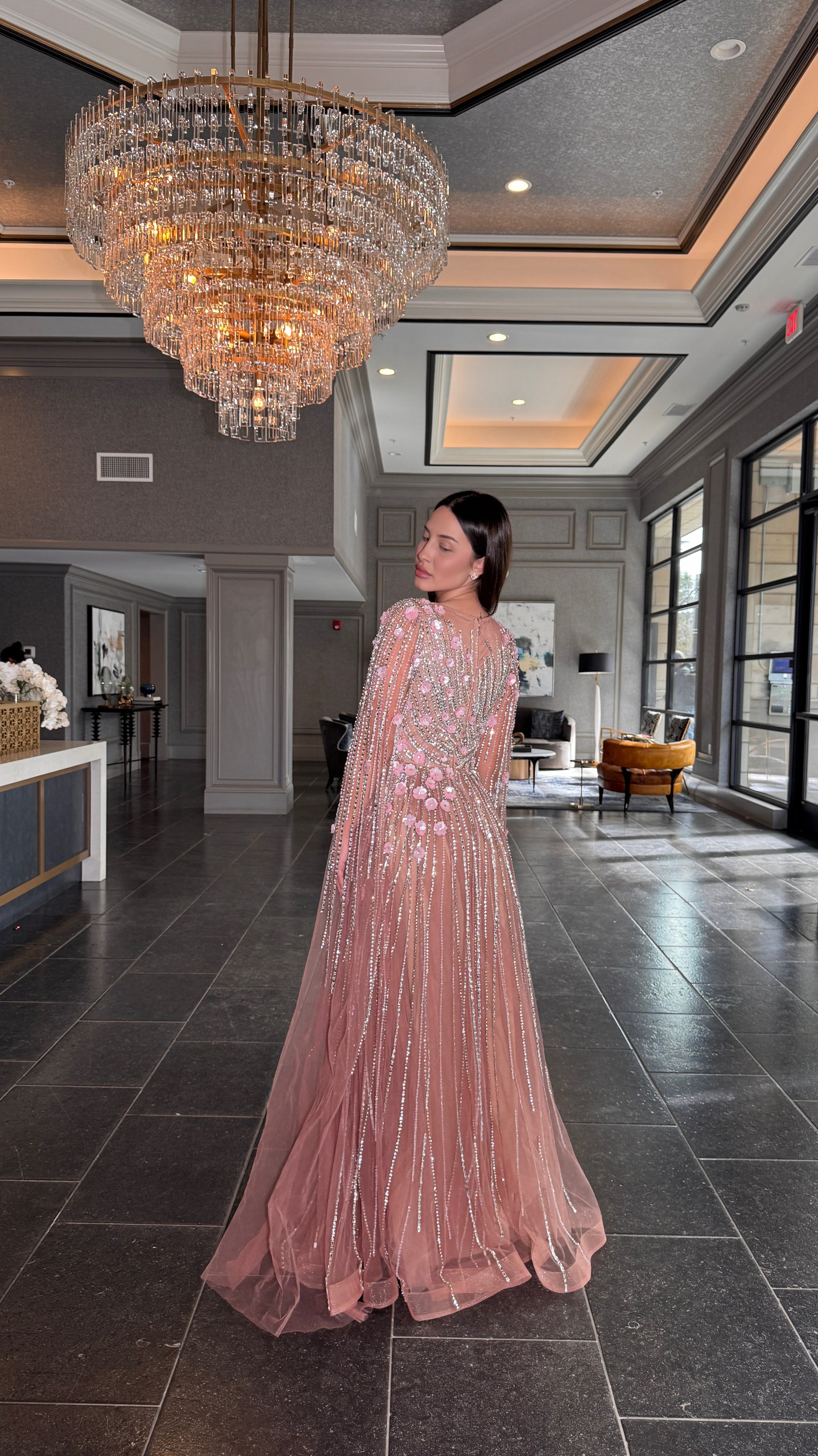 Inaya Long Drape Sleeves Beaded A-line Gown Nude Pink / 20 Inaya Long Drape Sleeves Beaded A-line Gown Nude Pink / 20