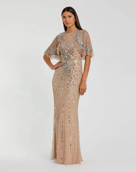 Mac Duggal - Beige Embellished Mesh Fitted Gown With Capelet - Nude Silver / US 6 Mac Duggal - Beige Embellished Mesh Fitted Gown With Capelet - Nude Silver / US 6