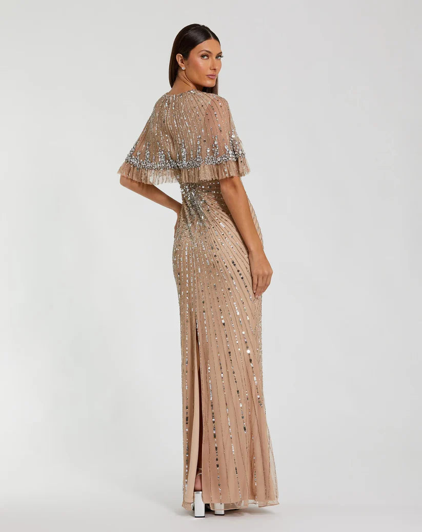 Mac Duggal - Beige Embellished Mesh Fitted Gown With Capelet - Nude Silver / US 6 Mac Duggal - Beige Embellished Mesh Fitted Gown With Capelet - Nude Silver / US 6