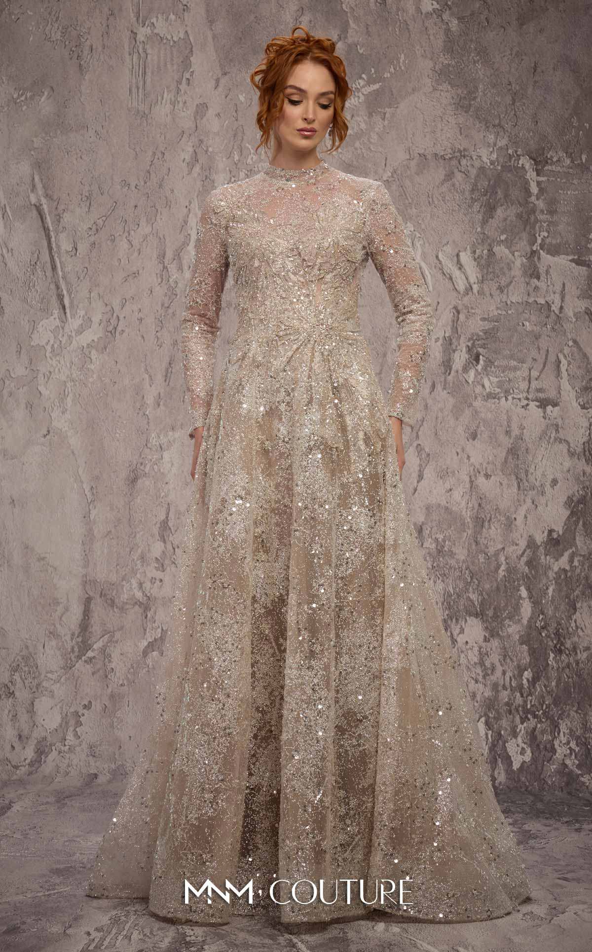 MNM Couture J02720 Silver Sequined Embroidered Long Sleeves Jewel Neck A-Line Gown