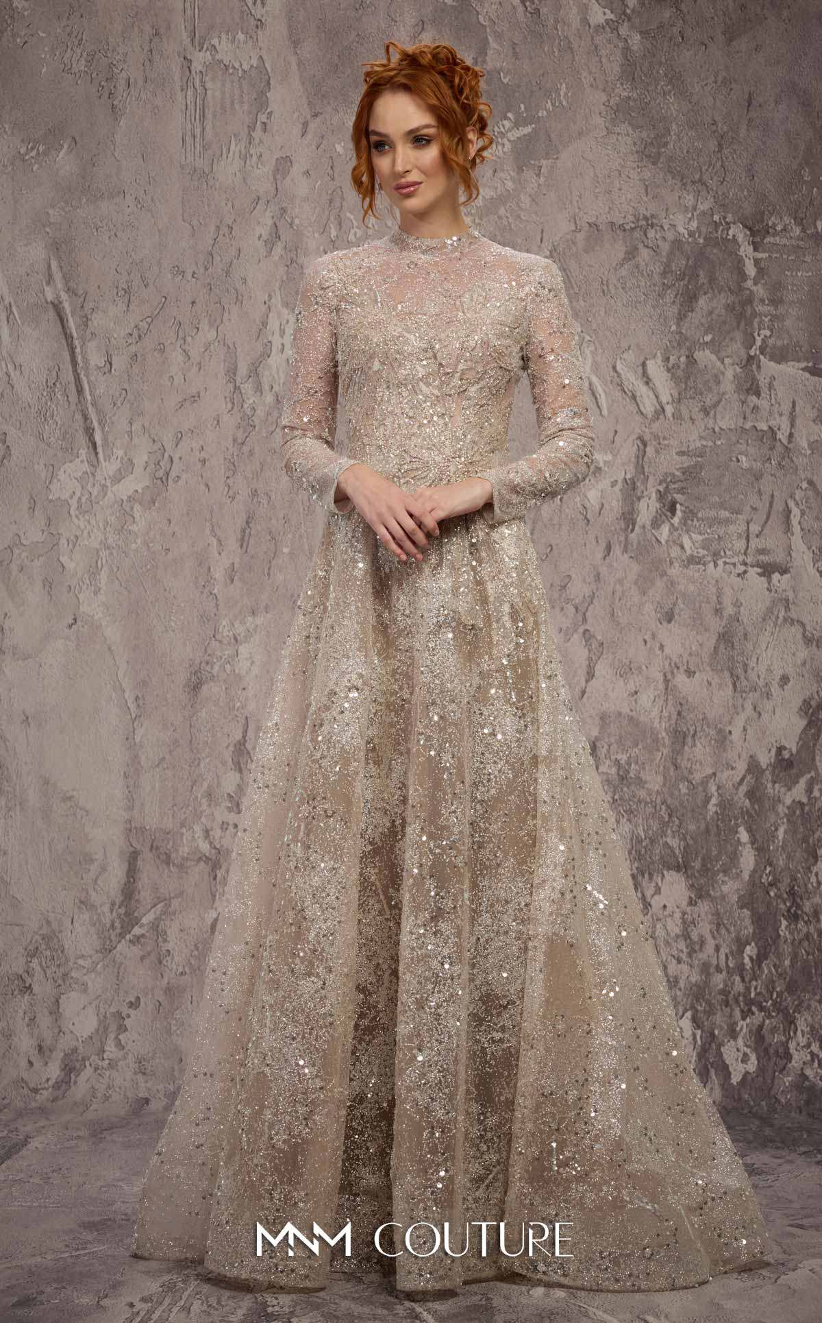 MNM Couture J02720 Silver Sequined Embroidered Long Sleeves Jewel Neck A-Line Gown