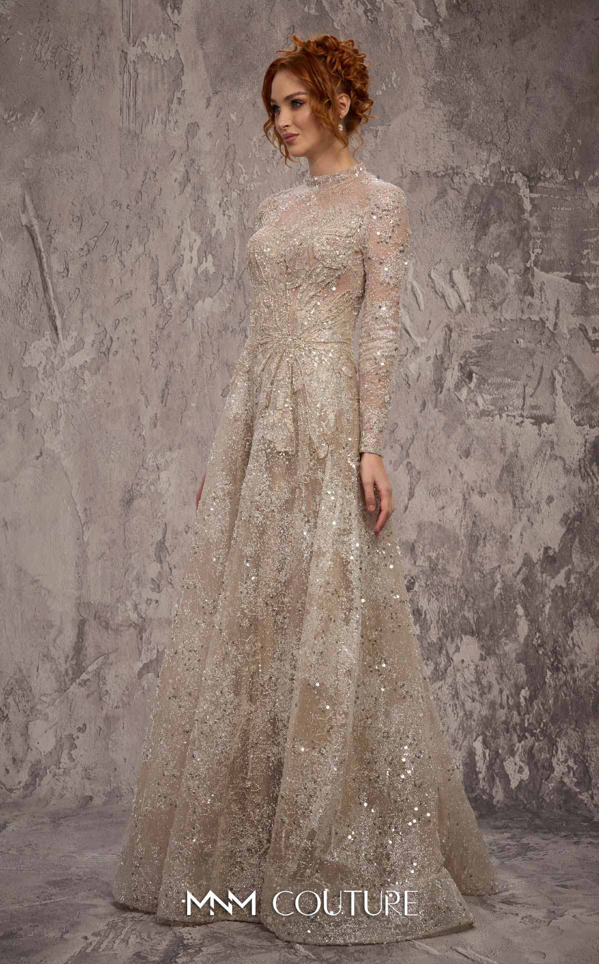 MNM Couture J02720 Silver Sequined Embroidered Long Sleeves Jewel Neck A-Line Gown