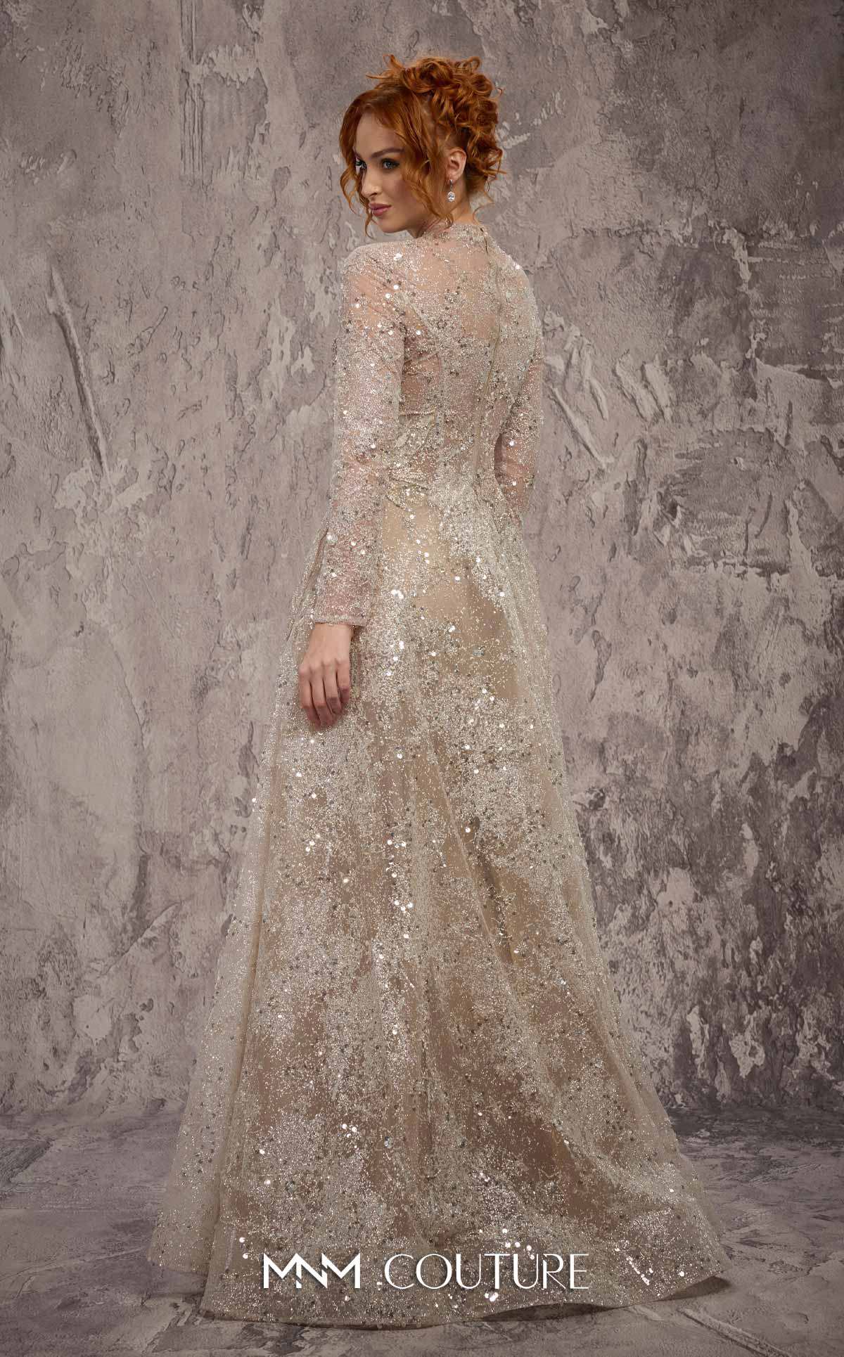 MNM Couture J02720 Silver Sequined Embroidered Long Sleeves Jewel Neck A-Line Gown