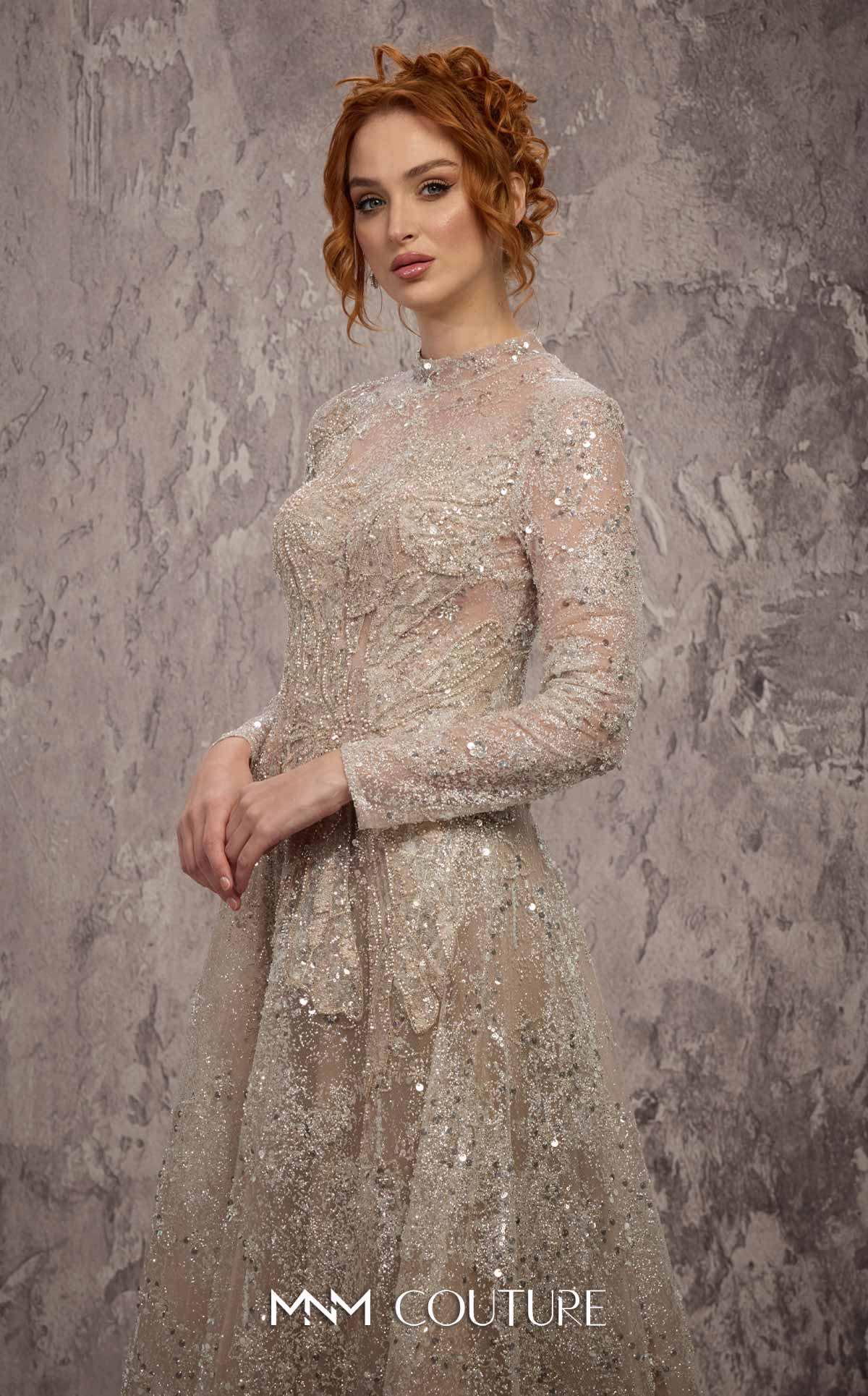 MNM Couture J02720 Silver Sequined Embroidered Long Sleeves Jewel Neck A-Line Gown
