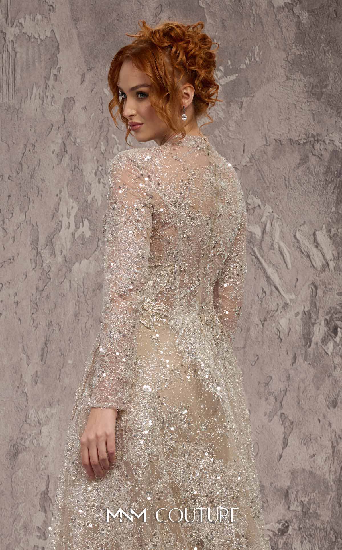 MNM Couture J02720 Silver Sequined Embroidered Long Sleeves Jewel Neck A-Line Gown