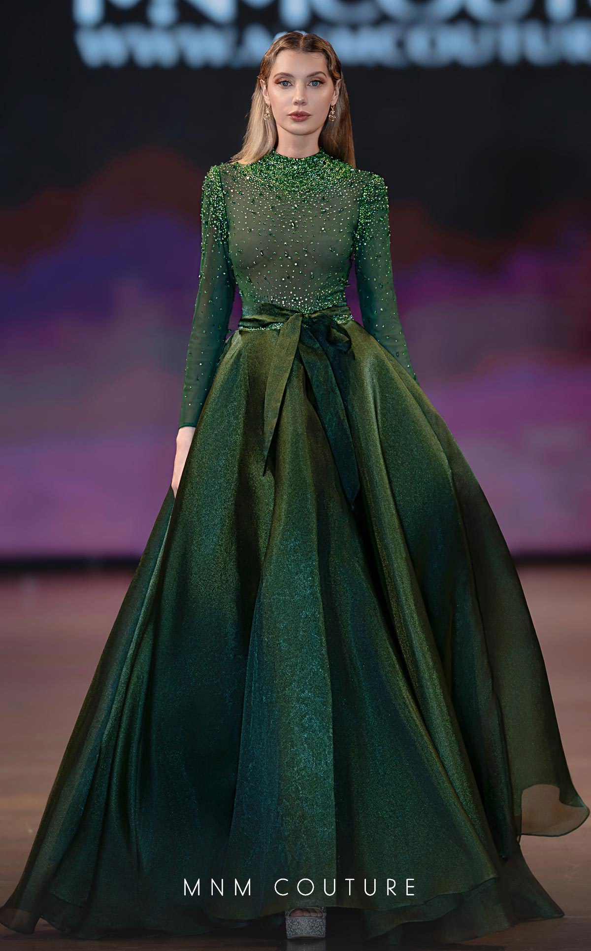 MNM Couture J03038 Green Organza Embellished Long-Sleeve Ballgown