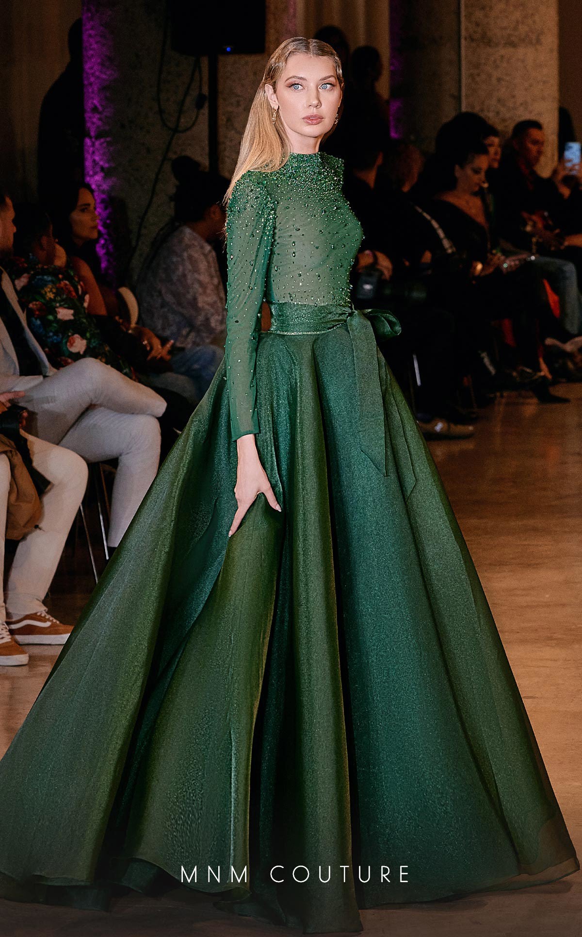 MNM Couture J03038 Green Organza Embellished Long-Sleeve Ballgown