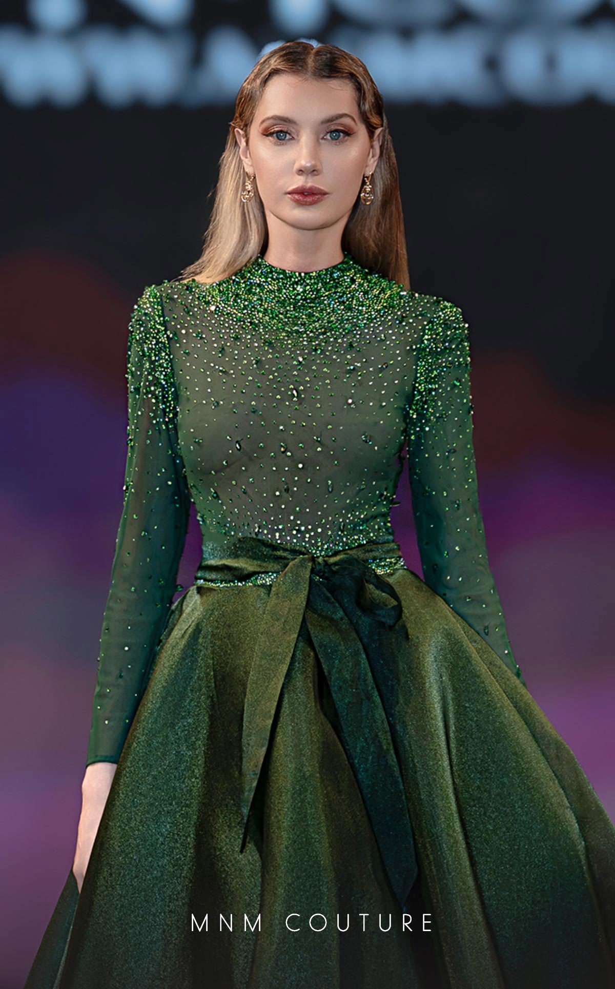 MNM Couture J03038 Green Organza Embellished Long-Sleeve Ballgown