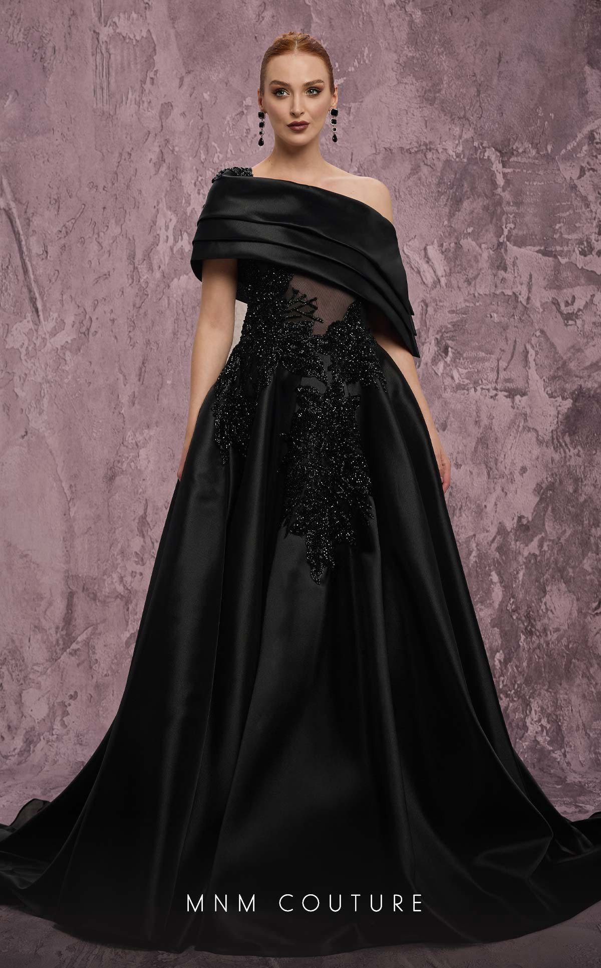 MNM Couture J03128 Black One-Shoulder Taffeta Ballgown