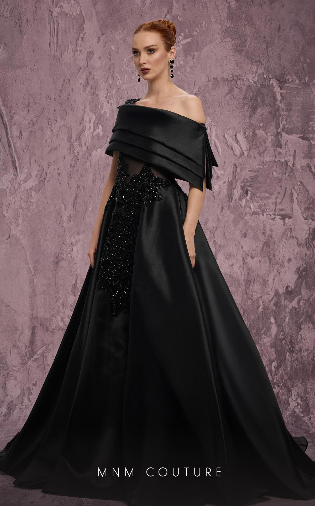 MNM Couture J03128 Black One-Shoulder Taffeta Ballgown