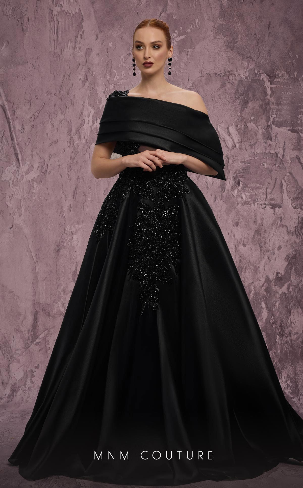 MNM Couture J03128 Black One-Shoulder Taffeta Ballgown