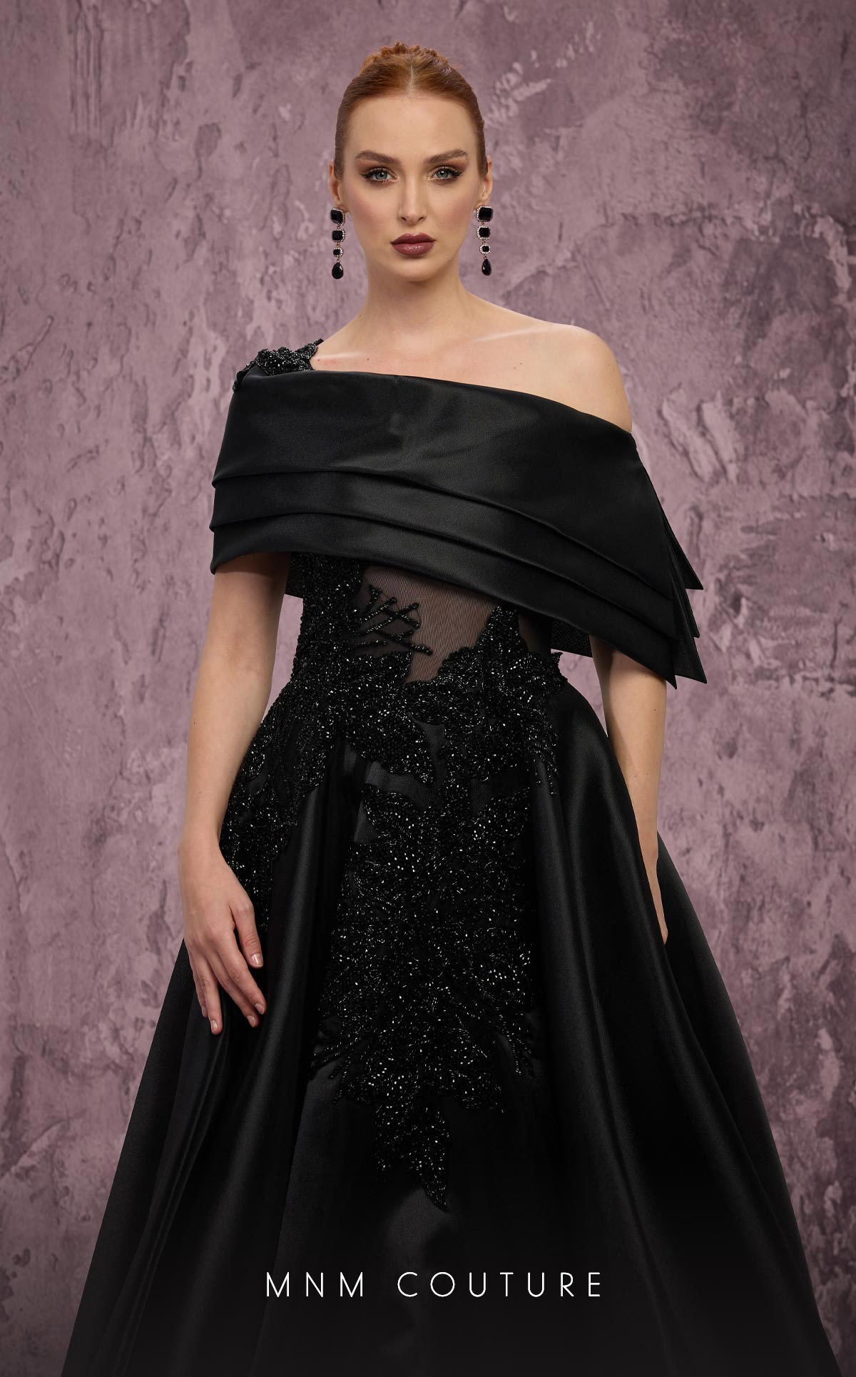 MNM Couture J03128 Black One-Shoulder Taffeta Ballgown