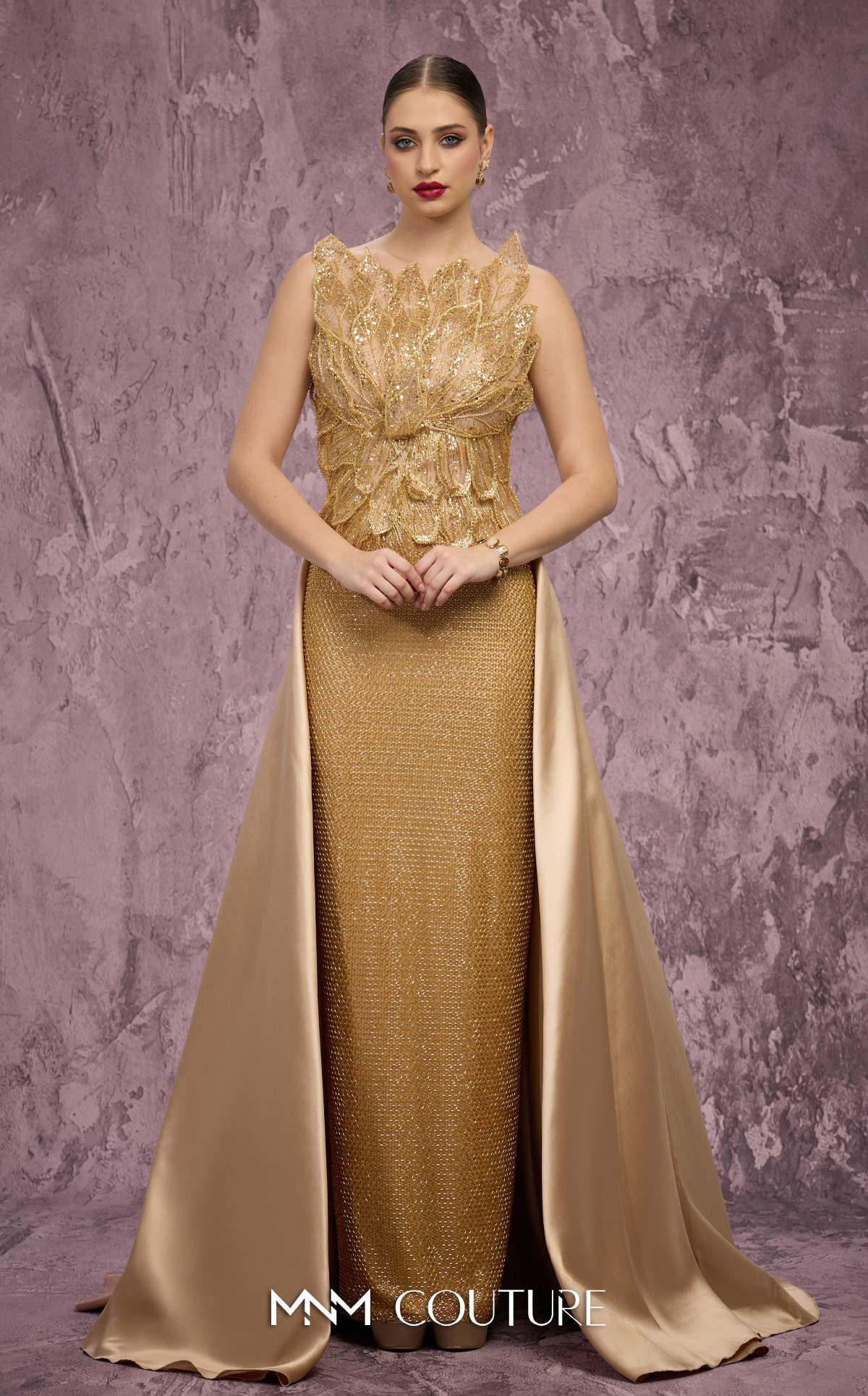 MNM Couture J03186 Gold Beaded Sleeveless Column Gown with Peplum Train