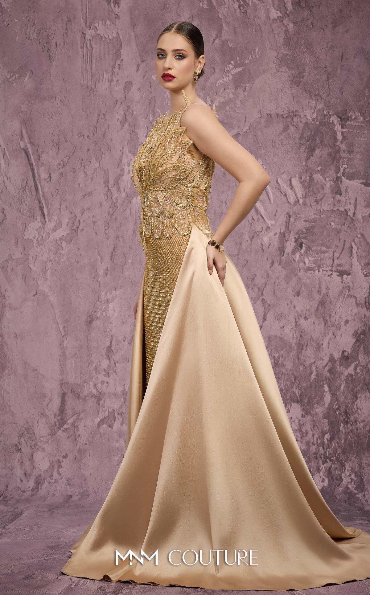 MNM Couture J03186 Gold Beaded Sleeveless Column Gown with Peplum Train