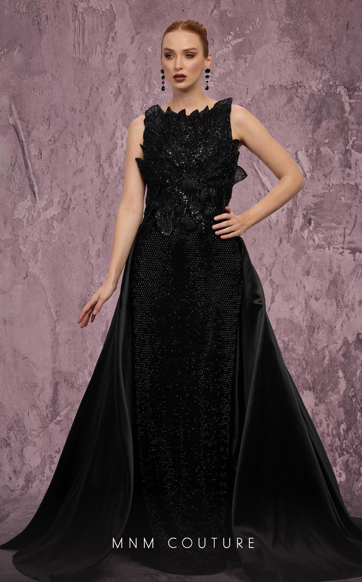 MNM Couture J03186 Gold Beaded Sleeveless Column Gown with Peplum Train