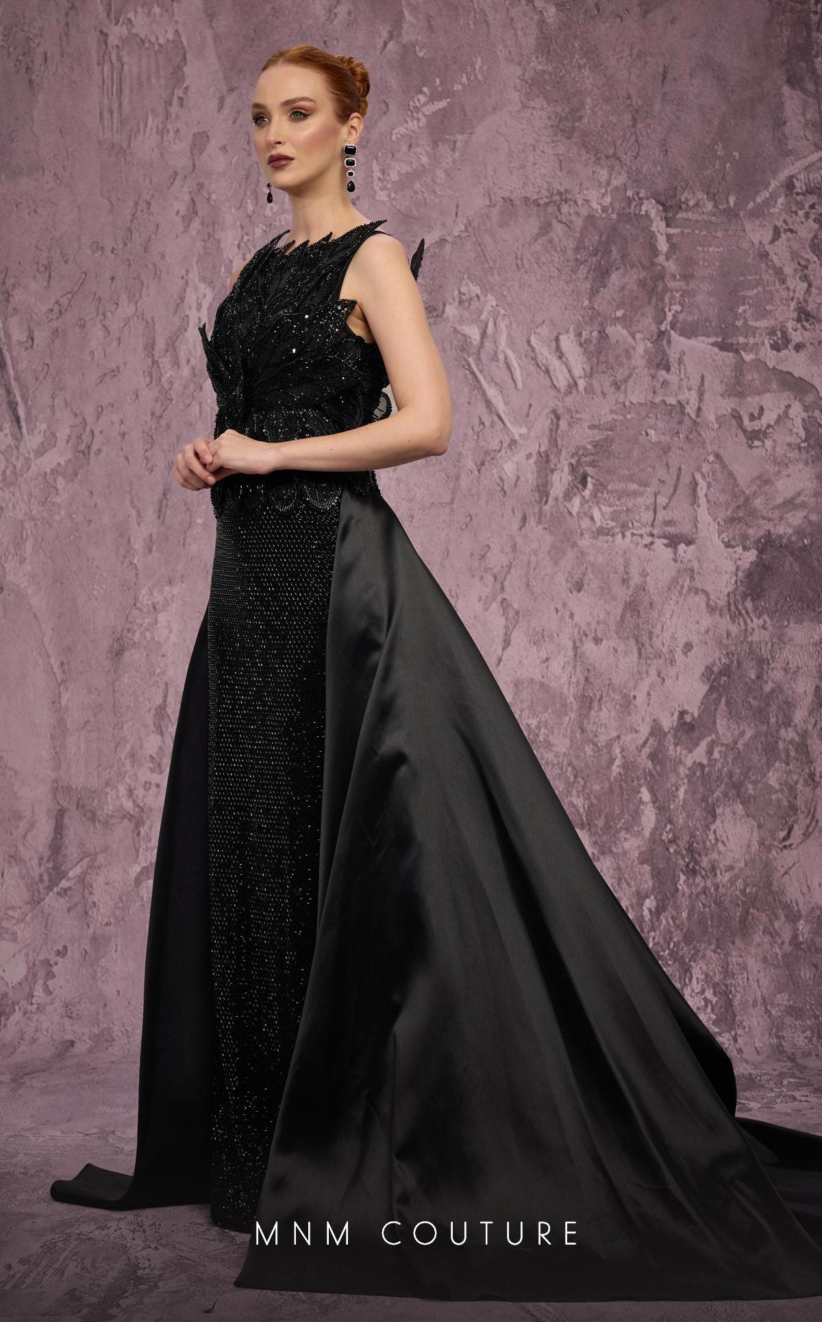 MNM Couture J03186 Gold Beaded Sleeveless Column Gown with Peplum Train