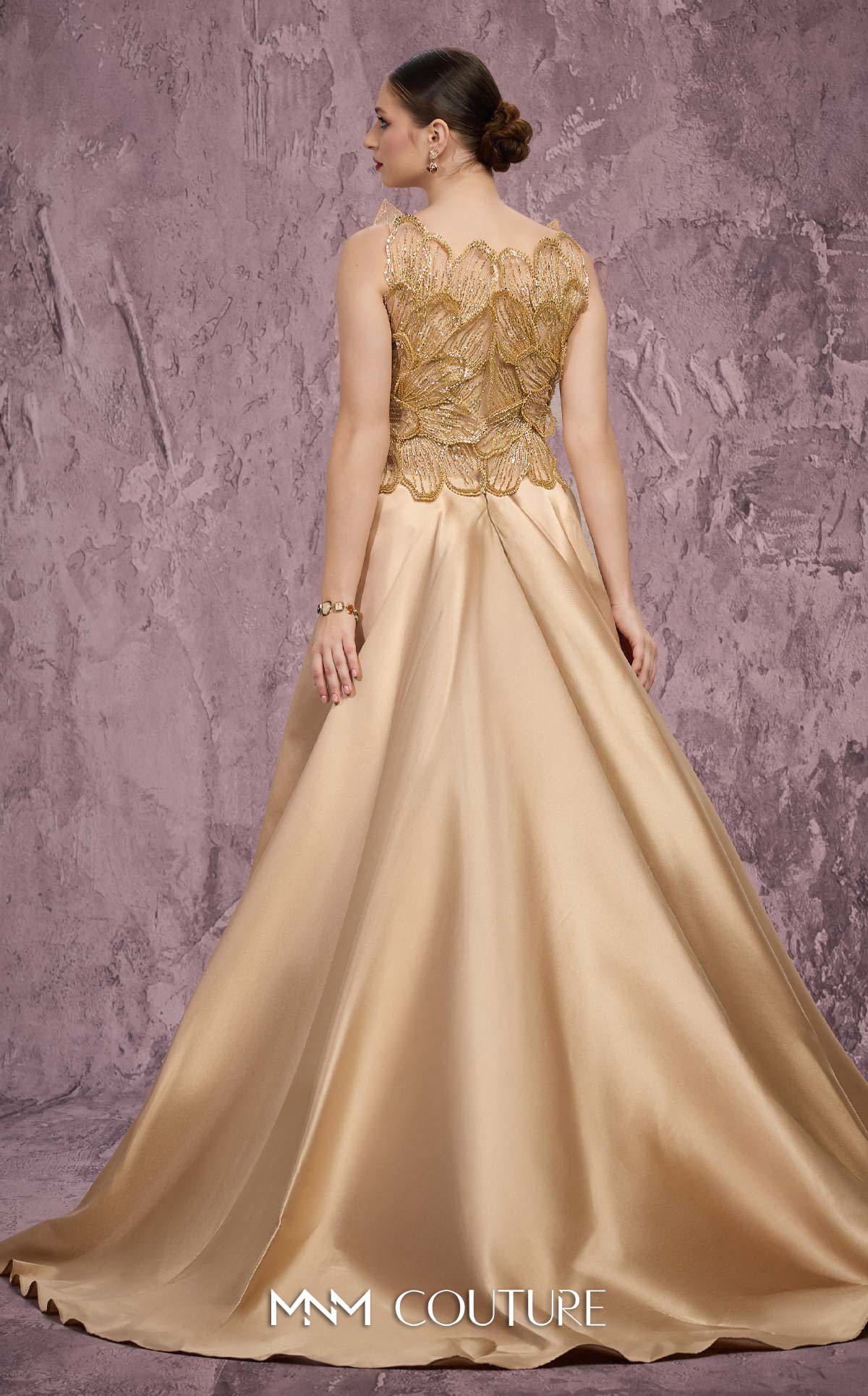 MNM Couture J03186 Gold Beaded Sleeveless Column Gown with Peplum Train