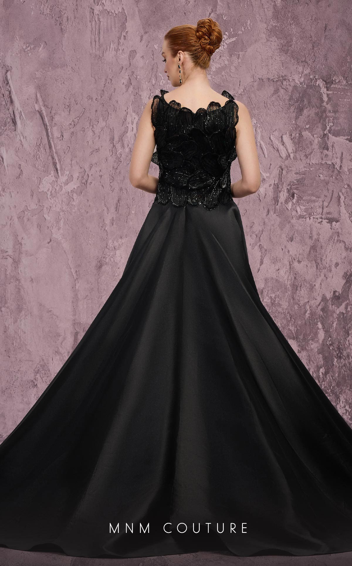 MNM Couture J03186 Gold Beaded Sleeveless Column Gown with Peplum Train