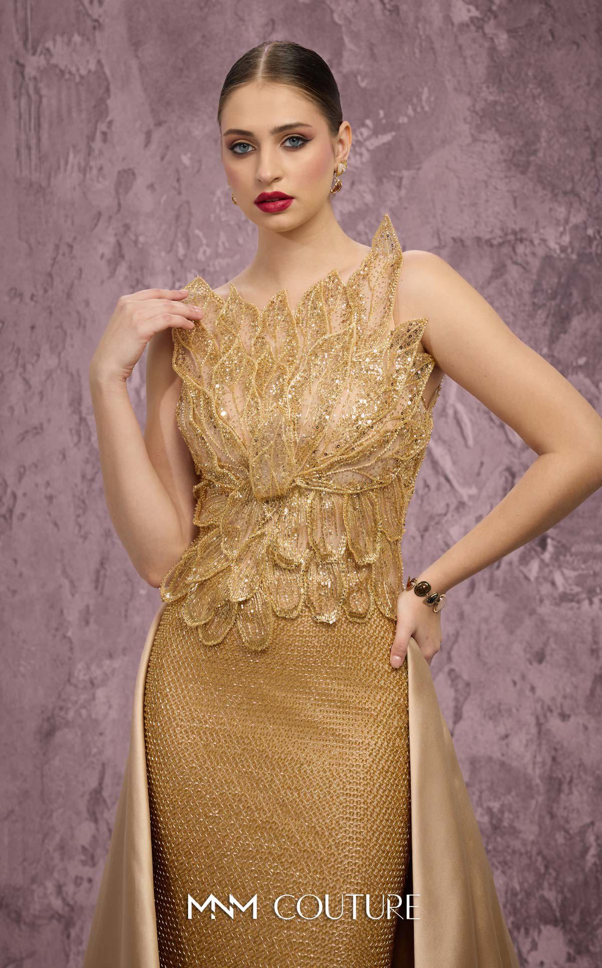 MNM Couture J03186 Gold Beaded Sleeveless Column Gown with Peplum Train