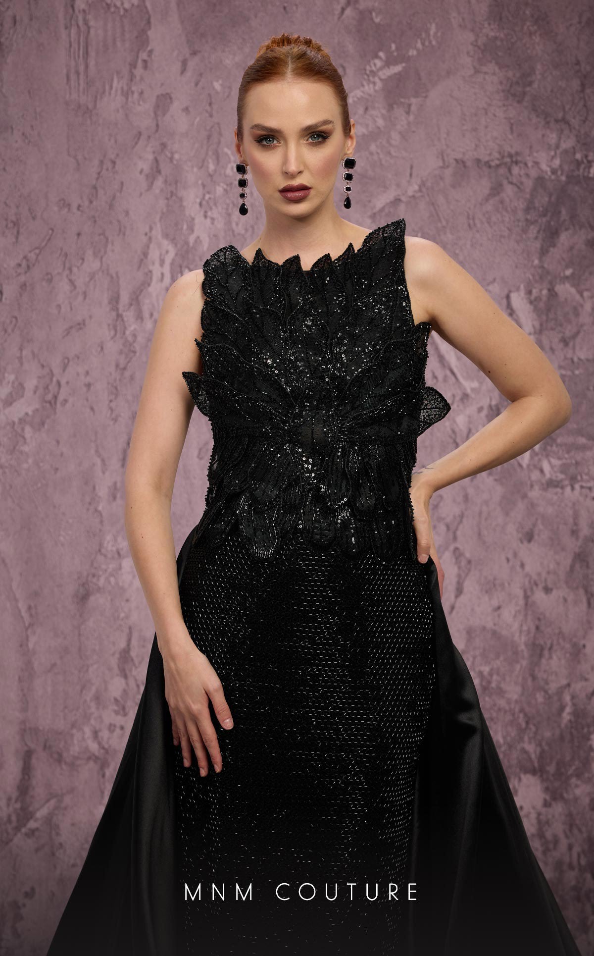 MNM Couture J03186 Gold Beaded Sleeveless Column Gown with Peplum Train
