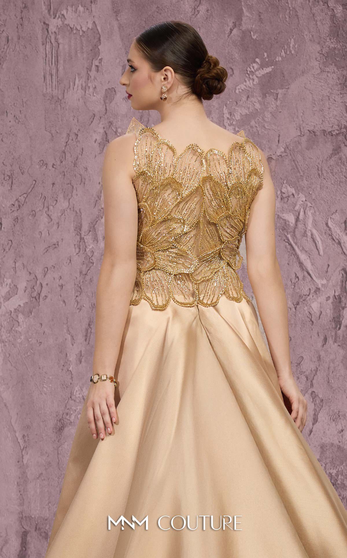MNM Couture J03186 Gold Beaded Sleeveless Column Gown with Peplum Train