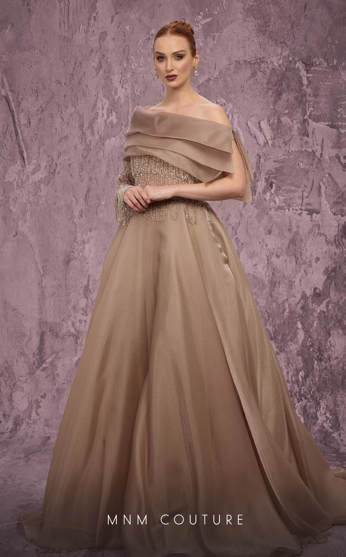 MNM Couture J03308 Gold Embellished Organza Asymmetrical One-Sleeve A-Line Gown