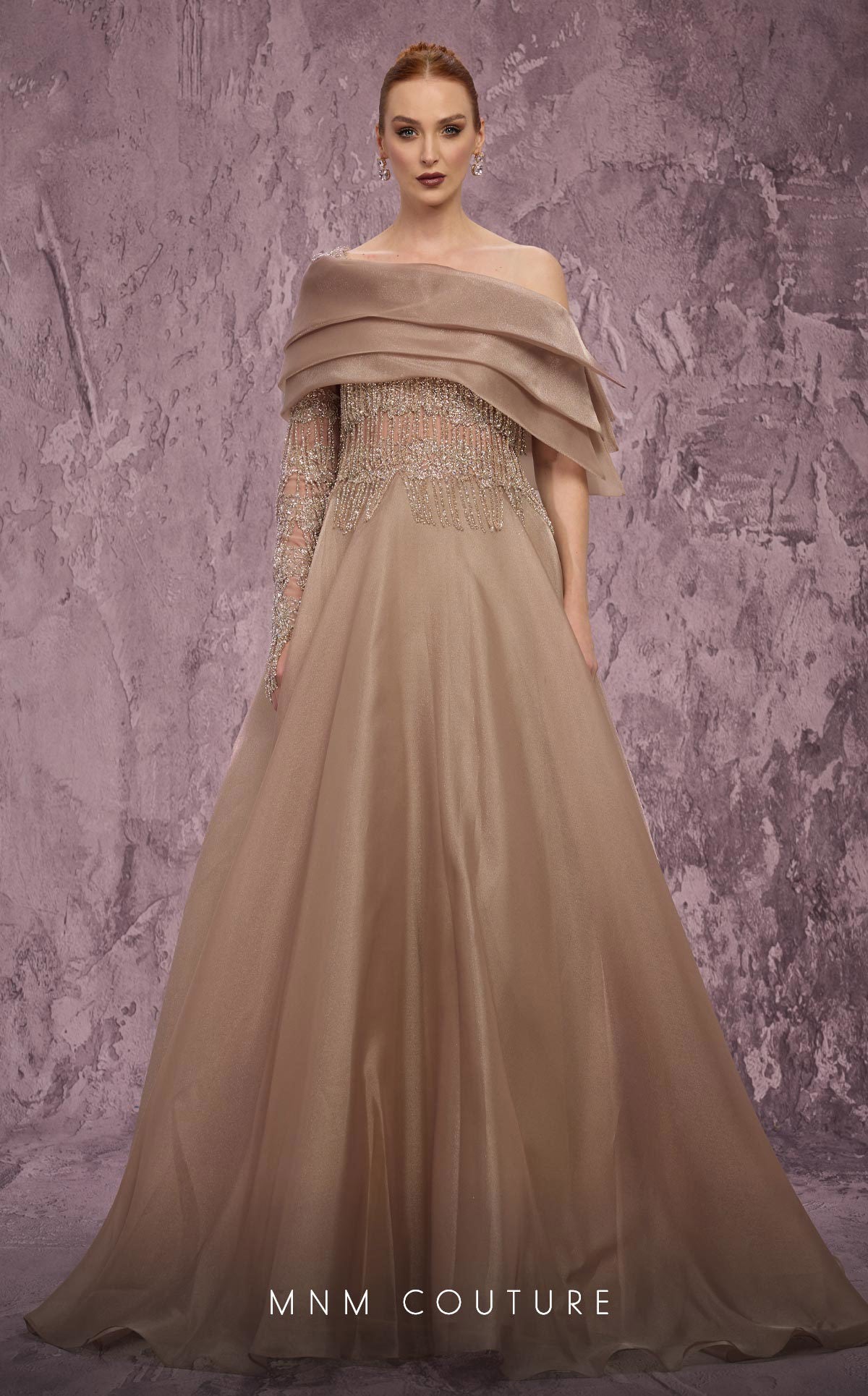 MNM Couture J03308 Gold Embellished Organza Asymmetrical One-Sleeve A-Line Gown