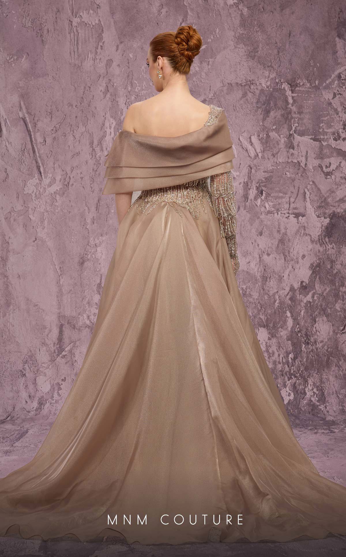 MNM Couture J03308 Gold Embellished Organza Asymmetrical One-Sleeve A-Line Gown