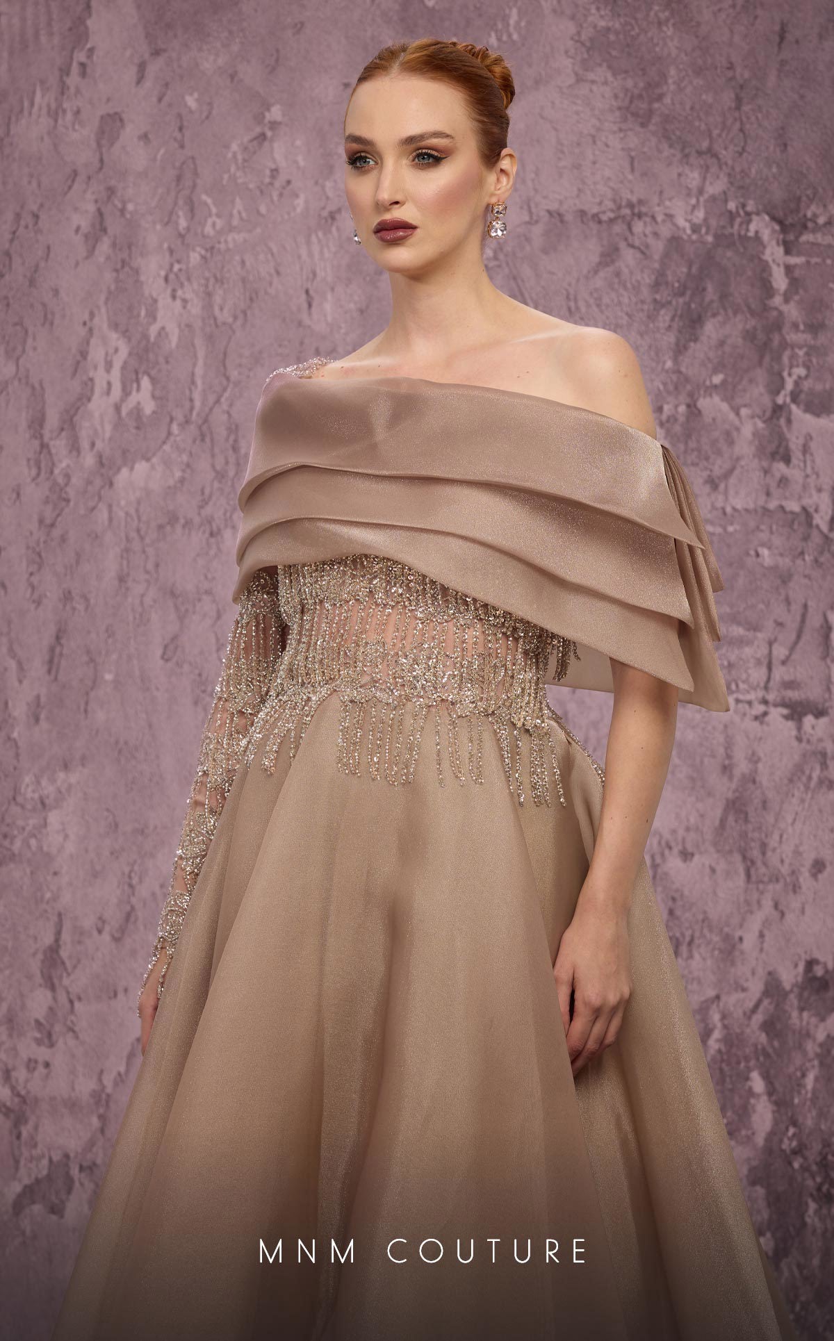 MNM Couture J03308 Gold Embellished Organza Asymmetrical One-Sleeve A-Line Gown